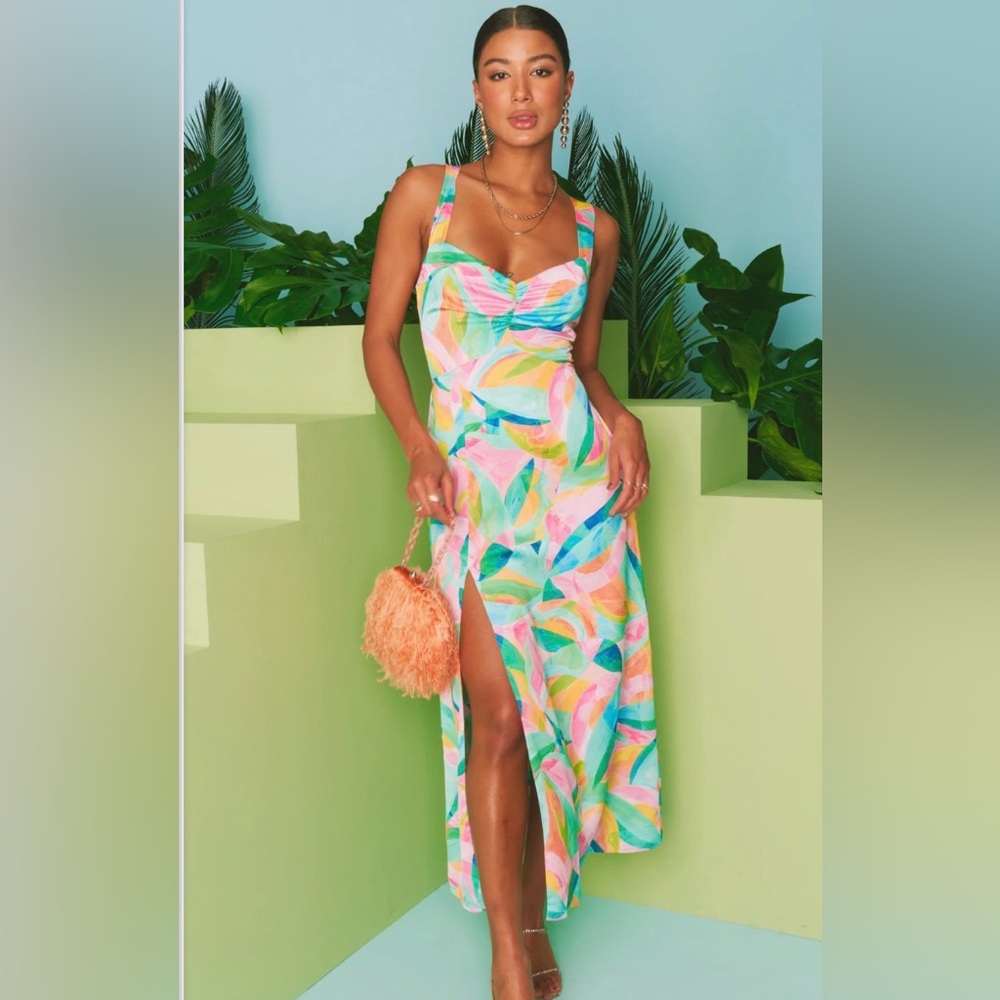 Show Me Your MuMu Colorful Leaf Print Midi Dress